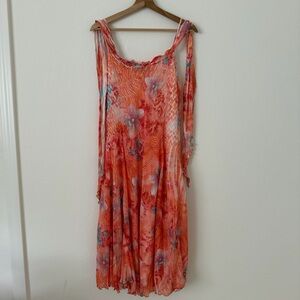 Komarov Crinkle Floral Midi Dress Size Large Orange Flowy Formal Spring Wedding